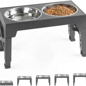Petace Elevated Dog Bowls with 2 Stainless Steel Dog Food Bowls, 5 Heights Adjustable Raised Dog Bowl for Small Medium Large Dogs, Grey