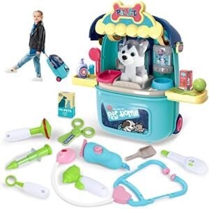 MAGIC4U Pet Cat Care Carrier Suitcase Toy, 29PCS Vet Clinic and Doctor Kit for Kids, Pet Dog Grooming Feeding Toys Veterinarian Medical Pretend Role Play Set for Boys and Girls Ages 3-6