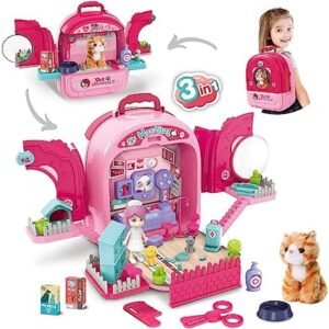 MAGIC4U 3 in 1 Pet Care Carrier Backpack Playset,82PCS Cat Figurines Toys for Kids,Vet Clinic and Doctor Kit for Kids, Pet Veterinarian Medical Role Pretend Play Set for Boys and Girls Ages 3-8