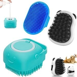 Comotech 3PCS Dog Bath Brush | Dog Shampoo brush | Dog Scrubber for Bath | Dog/Grooming/Washing Brush Scrubber with Adjustable Ring Handle for Short & Long Haired Dogs/Cats (Blue Blue White)