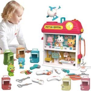 Pet Vet Toys Doctor Kit for Kids, Hospital Pretend Play Set Vet Clinic Toys with Light and Sound, Pet Care Playset Animal Grooming Toys Gifts for Girls Boys, Ages 3 and Up