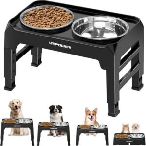 URPOWER Elevated Dog Bowls 4 Height Adjustable Raised Dog Bowl with No Spill Edge 2 Thick 50oz Stainless Steel Dog Food & Water Bowl Non-Slip Dog Bowl Stand for Small Medium Large Dogs and Pets