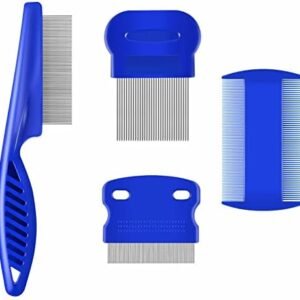 4 Pack Flea Lice Comb, Stainless Steel Dog Cat Grooming Combs with Rounded Teeth, Double Sided Professional Pet Tear Stain Remover, Dematting Tool for Small, Medium & Large Pets