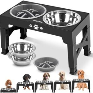 Elevated Dog Bowls, Dog Feeder with 2 Stainless Steel Bowls &1 Slow Feeder Dog Bowls, 5 Heights Adjustable Raised Dog Bowls Stand for Medium Large Dogs, Dog Food Bowls with Non-Slip Feet